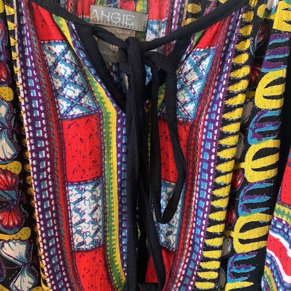 Angie Cold Shoulder Front Tie Sheer Black Colorful Boho Tunic Dress Size Medium - Picture 3 of 8